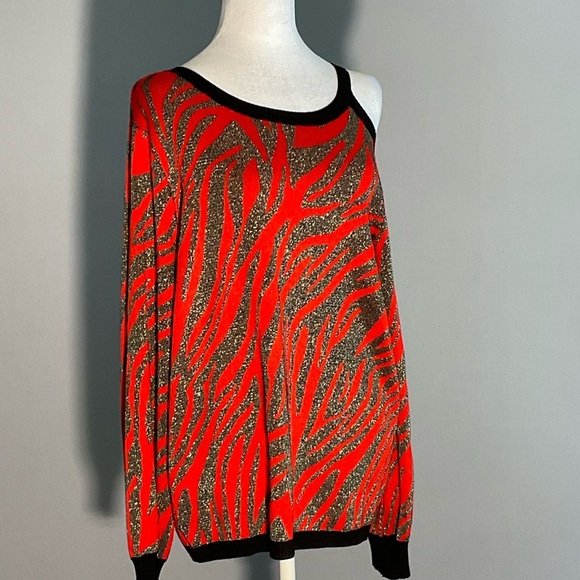 Willow Drive Red Black Silver Lg Holiday Sweater with an Asymmetrical Neckline - Picture 5 of 16